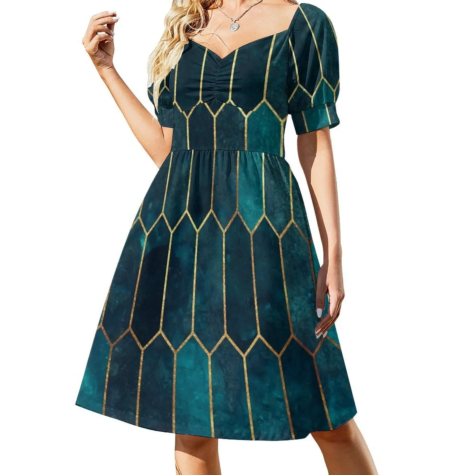 thumbnail image 1 of Vestido morado de manga corta con estampado dorado y azul verdoso intenso, vestido de noche para mujer, 1 of 8
