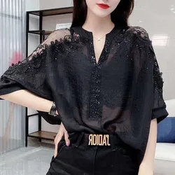Fashion Classic All-match Diamonds Hollow Out Single Breasted Blouses Chic Loose Bat Shirt Korean Top Women's Clothing 2023