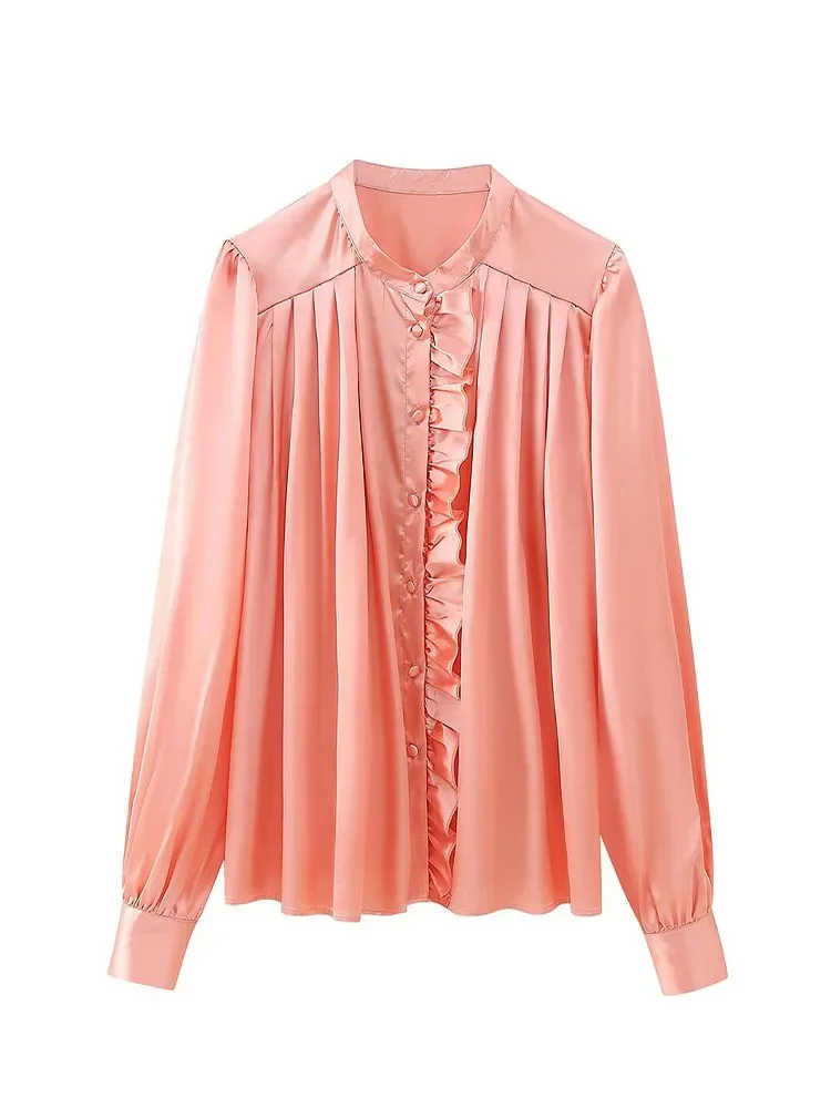 

HH TRAF Spring Fashion Female Elegant Solid Color Blouses Women Long Sleeves Buttons Ruched Ruffles Casual Loose Shirts Tops