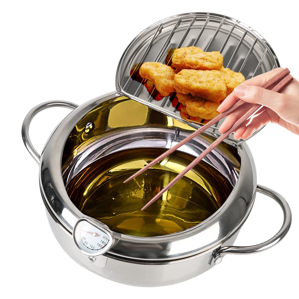 

20 cm Cooking Tool 304 Stainless Steel 2 Handles 2.2L With Thermometer and Lid Tempura Fryer Pan Deep Frying Pot