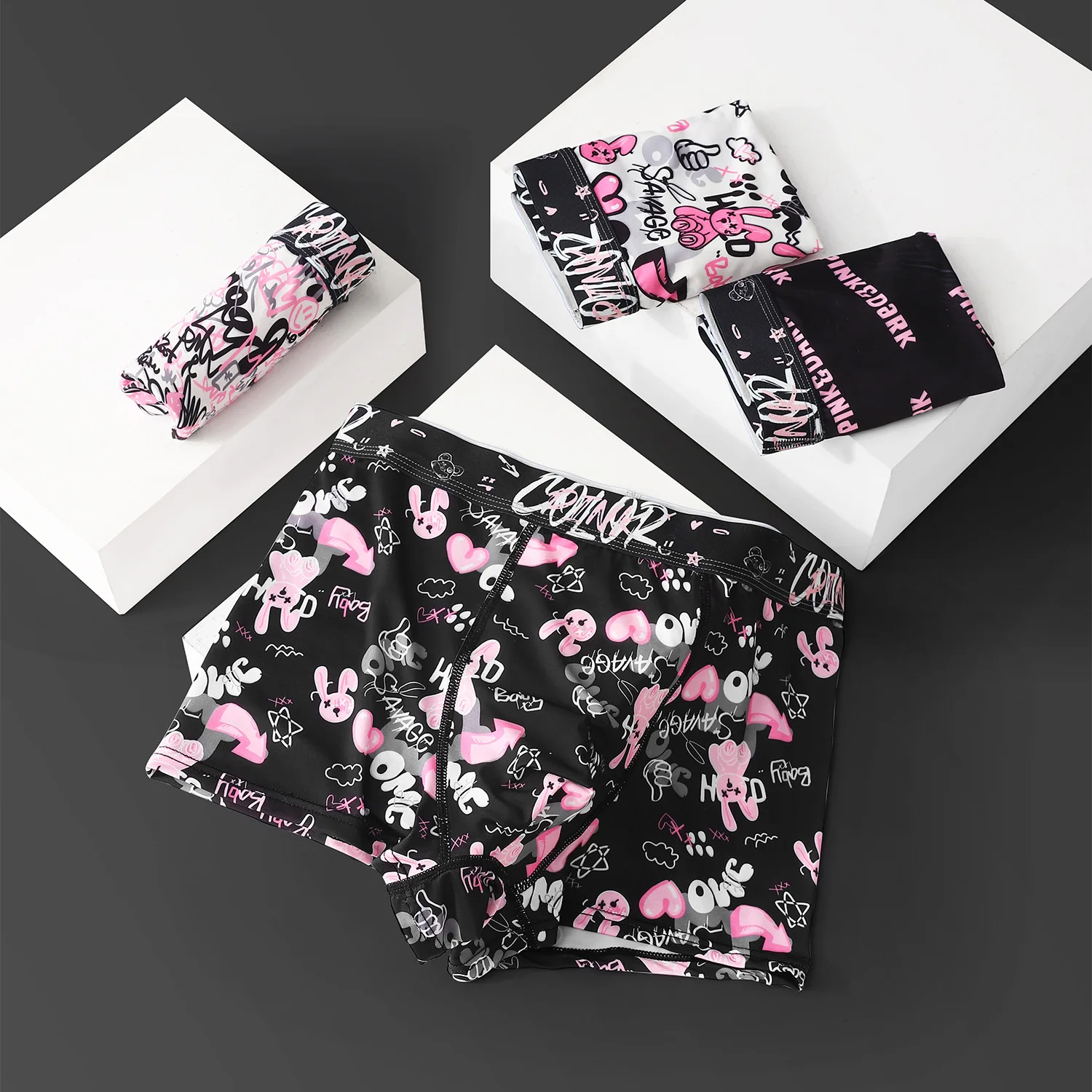 Men's Boxer Shorts Underwear Ice Silk Black Pink Breathable Mid Waist Four Corner Fashion Printing Youth Men's Underwear