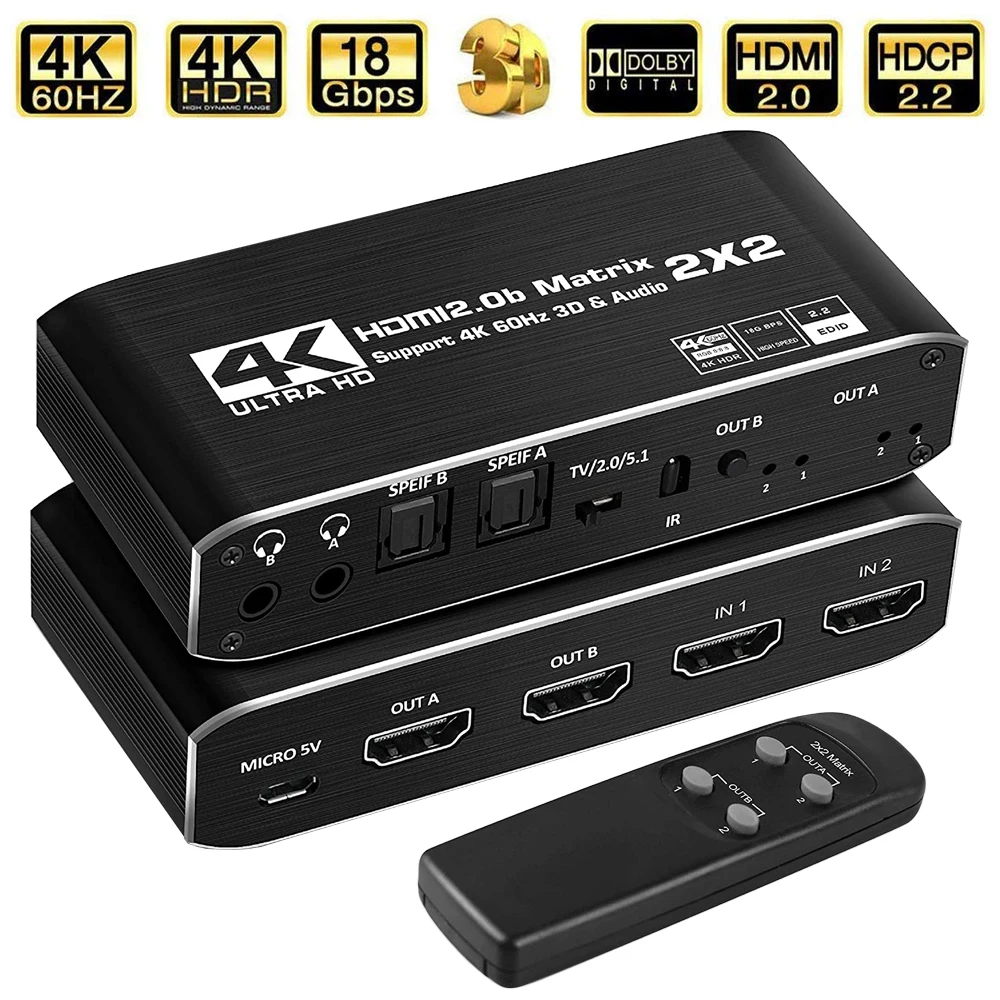 

2024 2x2 Matrix Switch Splitter with SPDIF and L/R 3.5mm HDR HDMI-compatible Switch 4x2 Support HDCP 2.2 ARC 3D 4K@60Hz for PS5