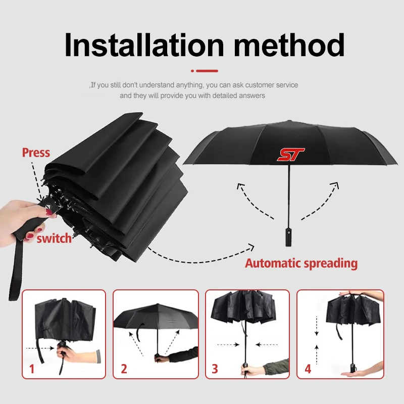 12 Bone Car Folding Windproof Sunshade Automatic Umbrella For Ford ST Racing RS S Mustang Kuga Fiesta Fusion Mondeo Edge