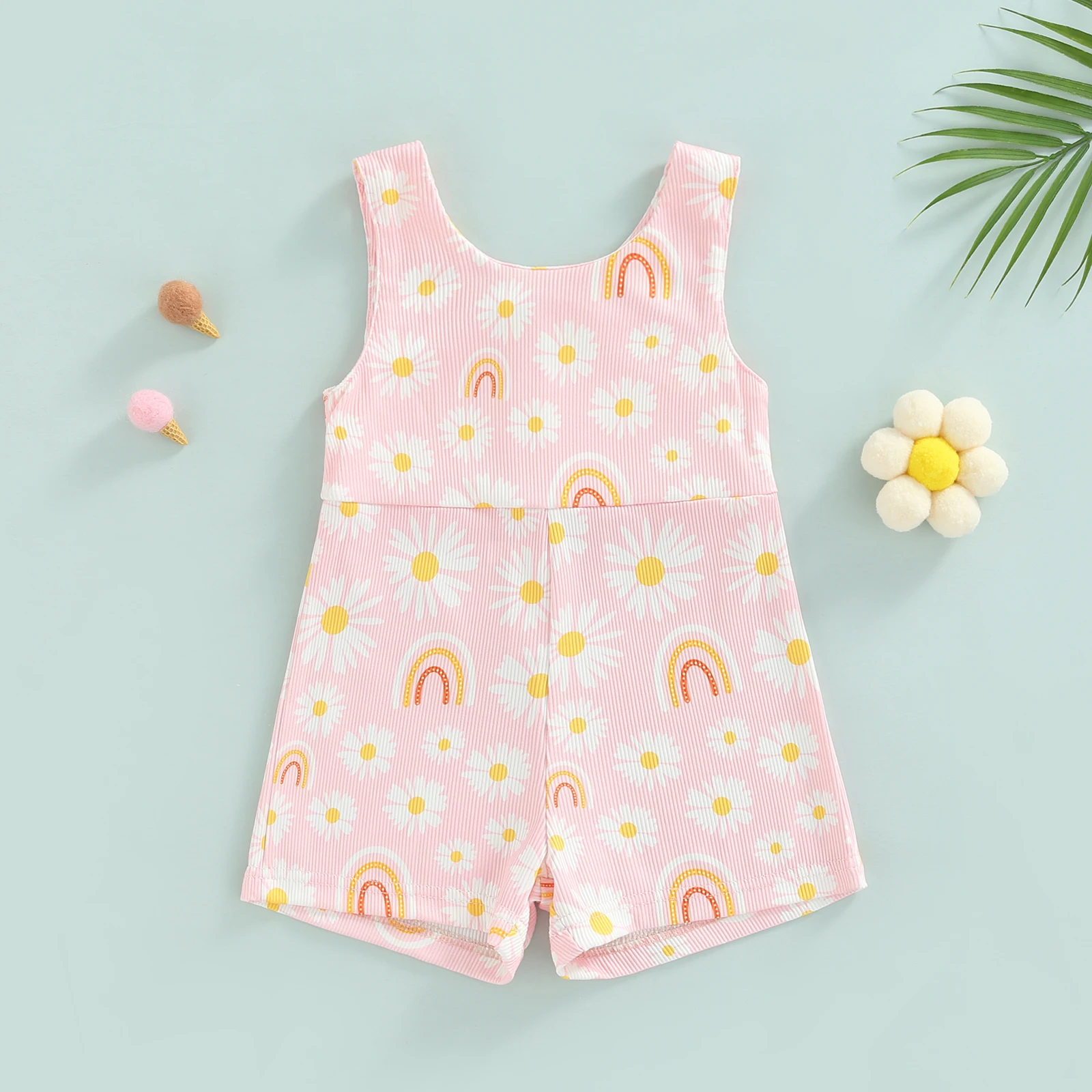 Infant Girl Sleeveless Romper with Flower Rainbow Pattern, Casual Style Loose Version Summer Clothing