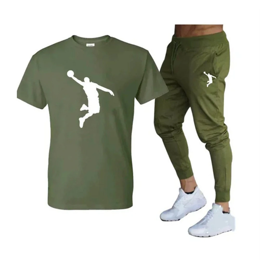 

2024 Summer Men's Tracksuit Suit Brand Short Sleeve T-Shirt + Trouser 2-Piece Set Fitness Jogging Sports Pants Sportswear Suit