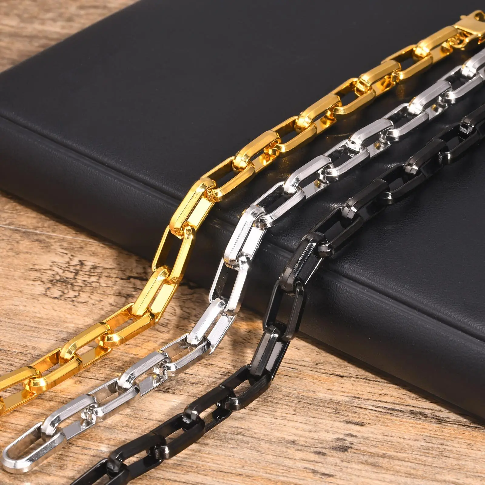 Vnox Punk Heavy Rectangular Link Chain Bracelets for Men Teens Boys Vintage Oxidized Paperclip Chain Wristband Chunky Jewelry