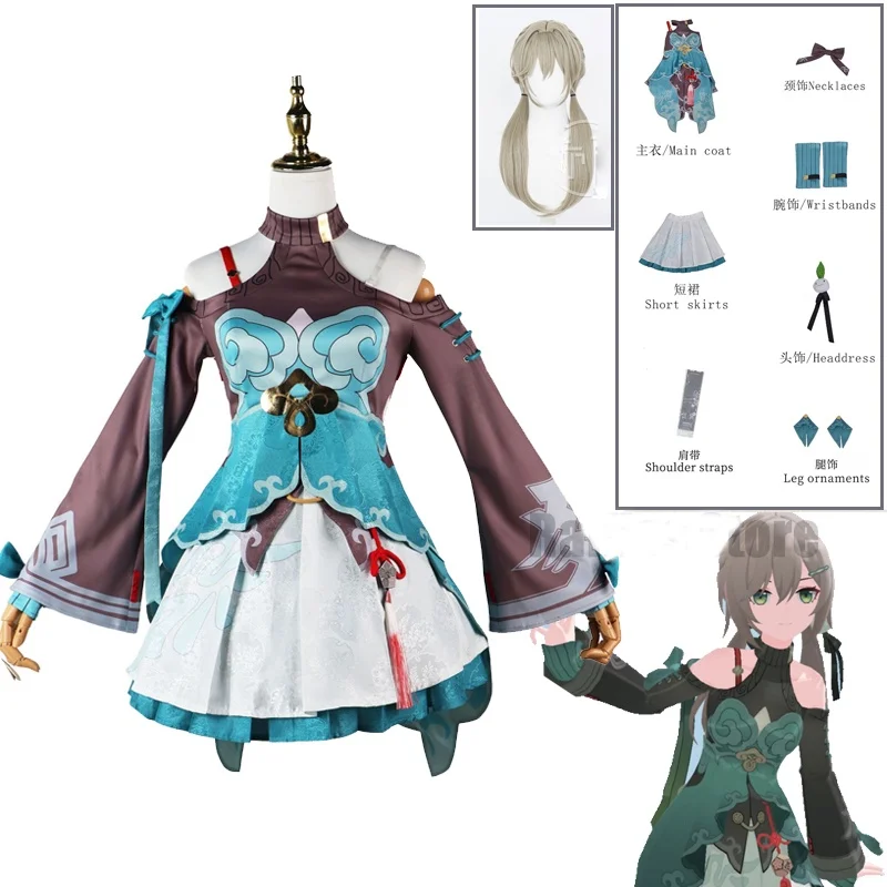 

Game Honkai Star Rail Qingque Cosplay Costume Full Set with Accessories Qing Que Heat Resistant Synthetic Cosplay Costume Wig