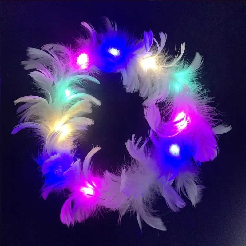 LED Feather Wreath Crown Headband Bunny Ears Headband for Women Wedding Christmas Glow Party 15cm glow headband luminous hair bands