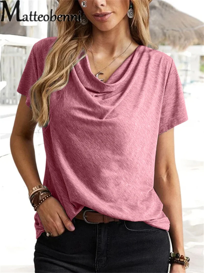 

Fashion Pleated O Neck Tops Female 2023 Summer Simple Solid Color Daily Casual Short Sleeve T-Shirt Women's Loose Commuter Tees