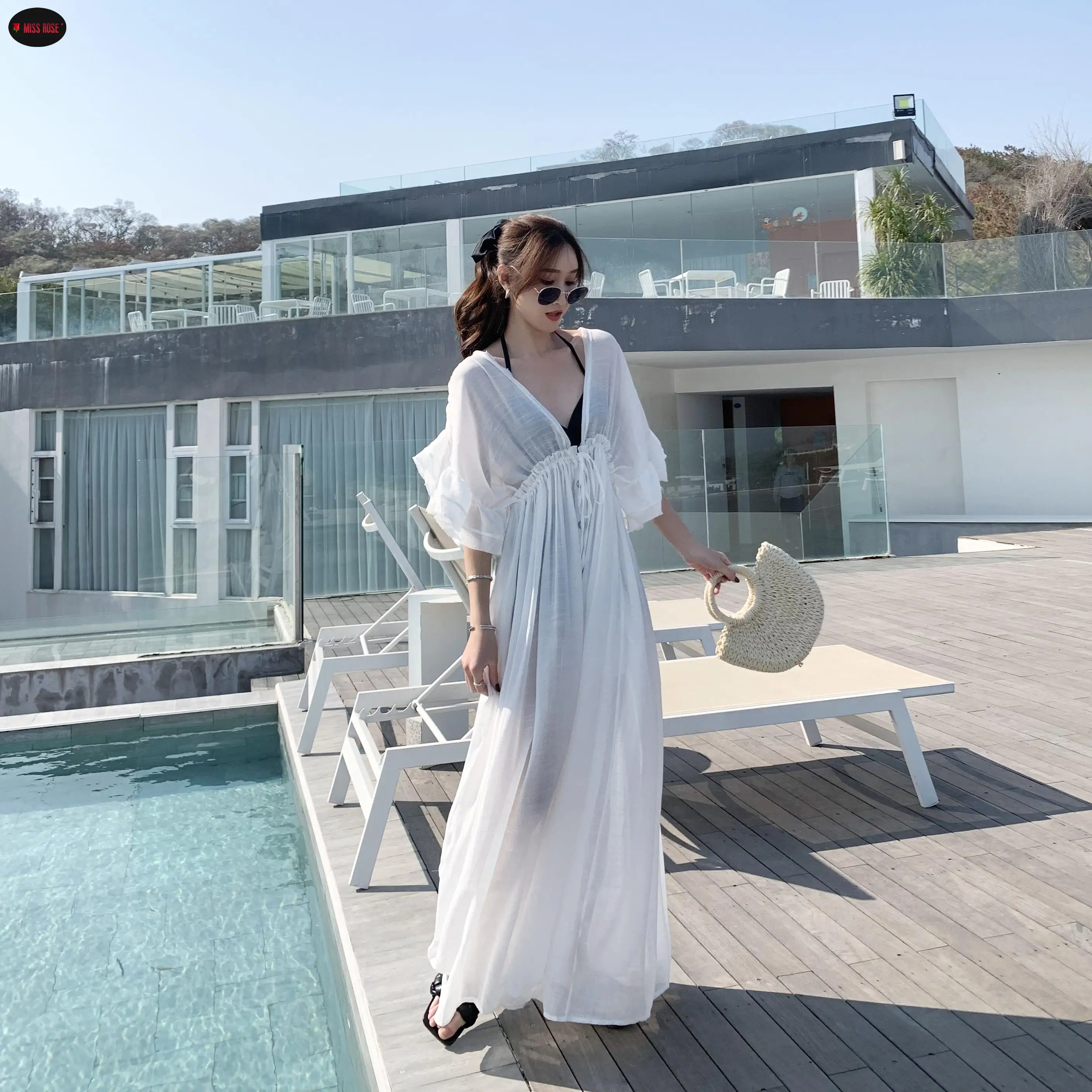 Summer New Hot Sale Women Sexy Chiffon See Through Bikini Long Cover Up Swimsuit Swimwear Beach Dress Bathing Suit Cover-Ups
