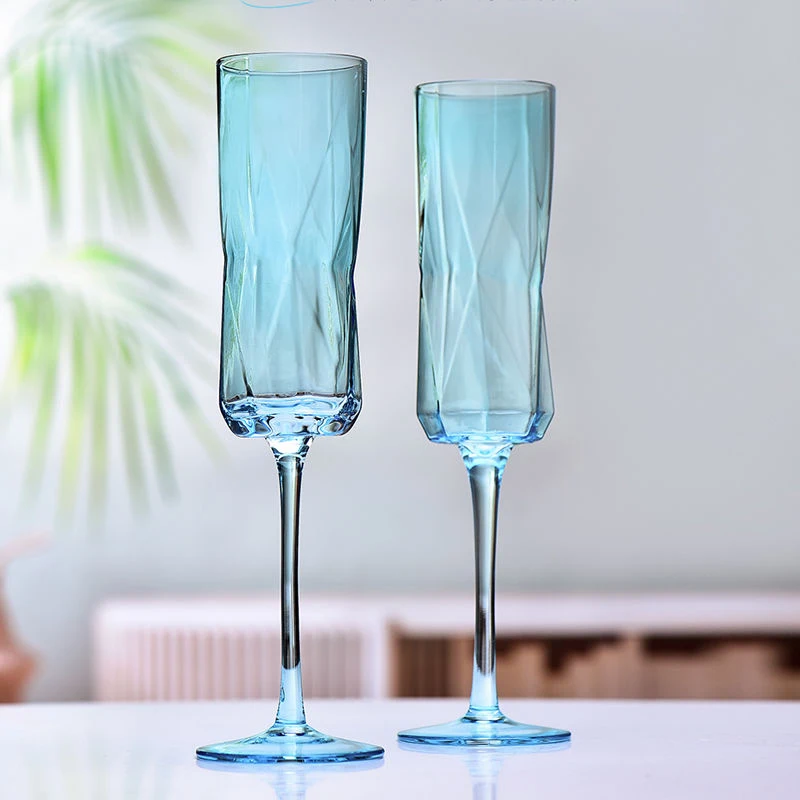 2 Pcs 250ml Blue Glass Goblet Ribbed Crystal Elegant Creativity Cocktail Wine Champagne Glass Home Party Drinking Drinkware Cups