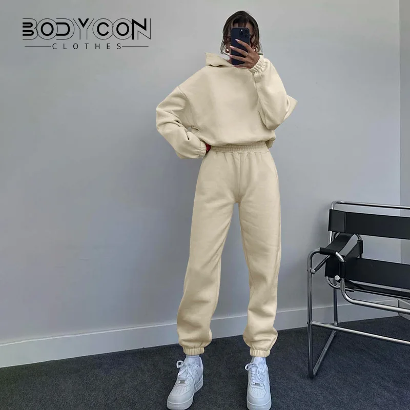 

Bodycon Autumn Sports Sweatshirt and Pants 2 Piece Set for Women Casual Solid Long Sleeve Jacket Trousers Warm Thick Sports Suit
