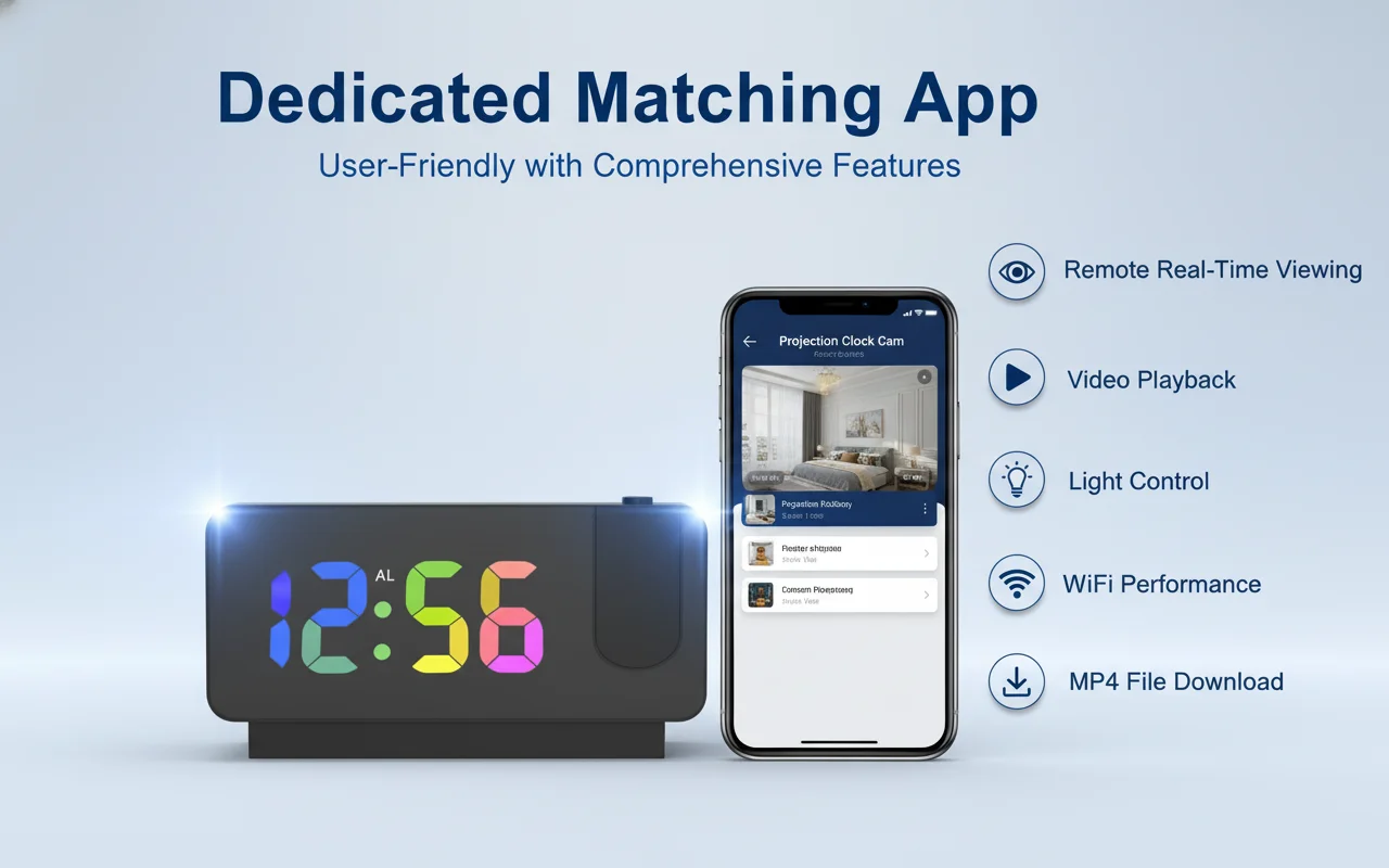 4K WiFi alarm clock camera with projection display on a table