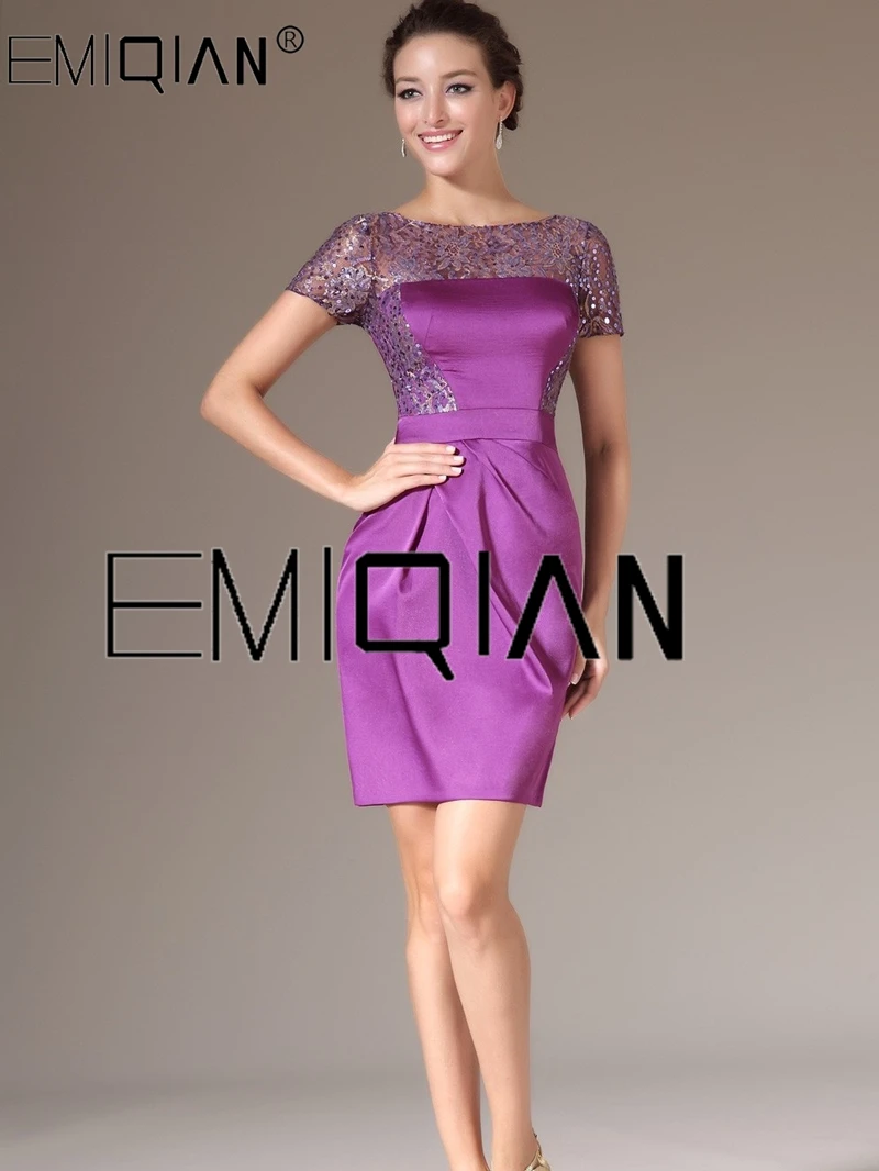 New Purple Wedding Reception Dress,Mini Party Dress,Short Sleeves Sequined Lace Cocktail Dresses