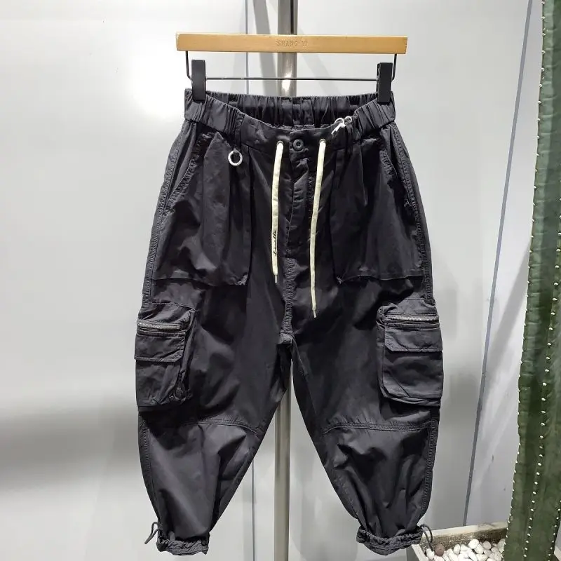 Pants Men's Summer Drawstring Overalls Spring New Fashion Street Outdoor Wide-leg Harem Pants Solid Color Pockets Trousers
