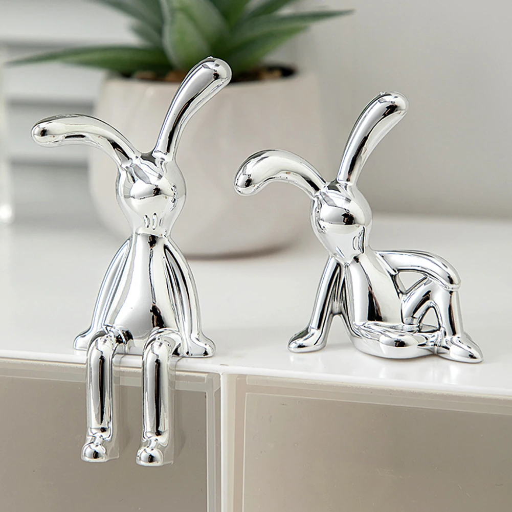 Silver Modern Style Rabbit Figurine - Cute Cartoon Bunny Sculpture
