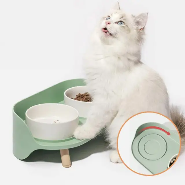 Cat Double Bowl Safety with Wood Stand and Silicone Mat Kitten Puppy Food Water Feeding Elevated Dish Dog Supplies Spill-Proof 6