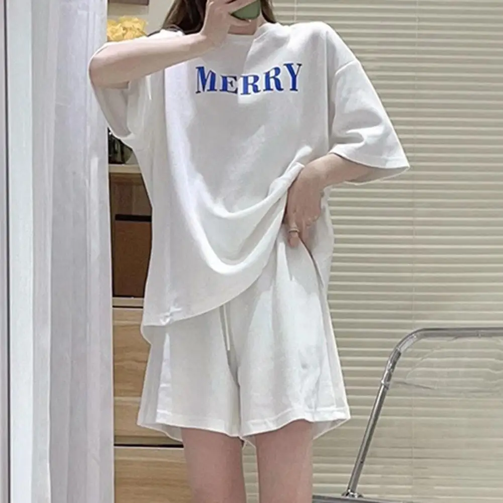 2pcs Set Simple Suits Letter Print Short-Sleeved Round Neck Knitted Top + Elastic Waist Color Shorts