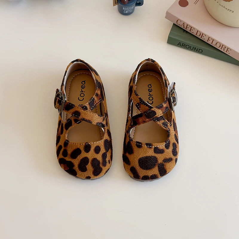 Fashion Kids Shoes Baby Girls Vintage Leopard Print Mary Jane Toddler Cute Princess Red Flat Ballet Shoes Anti-slip size 21-30