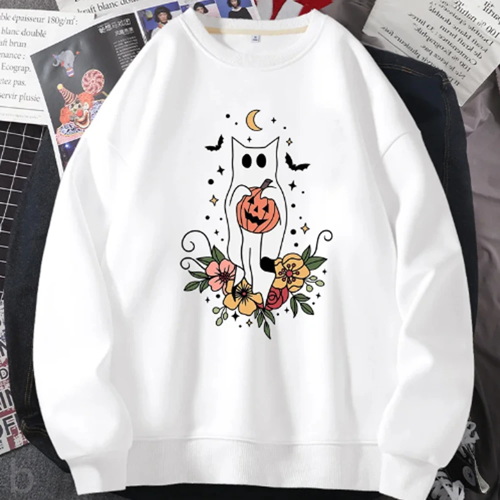 Women Female Cute Funny Cat Sweatshirt Halloween Ghost Pumkin Graphic Hoodies Long Sleeve Fall Harajuku Crewneck Sweatshirts