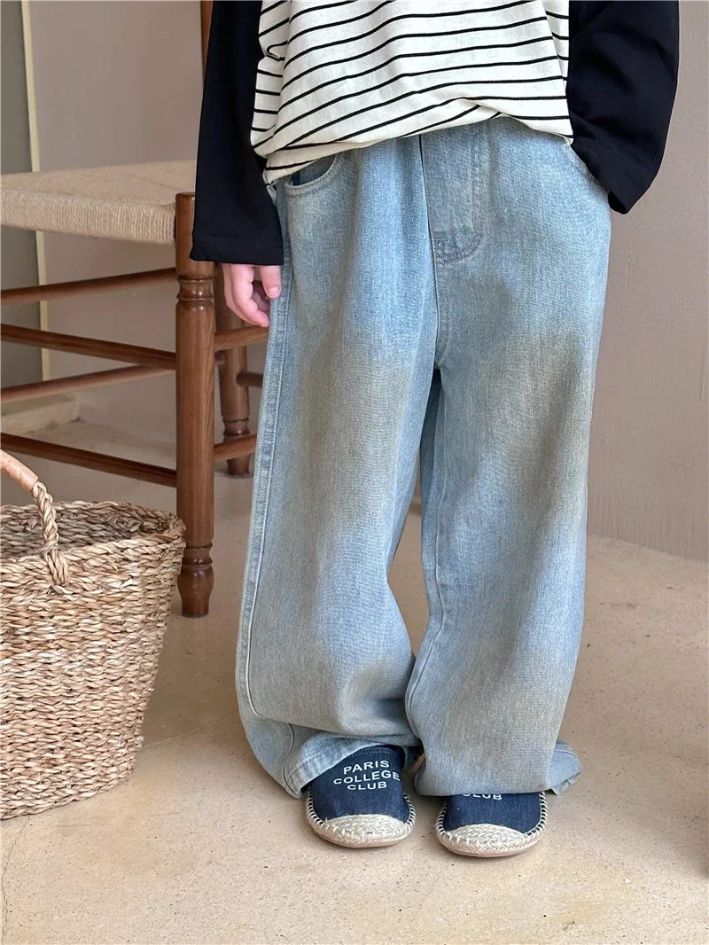 

2023 Autumn New Children Loose Denim Straight Trousers Baby Girls Versatile Casual Pants Fashion Boy Mottling Jeans Kids Clothes