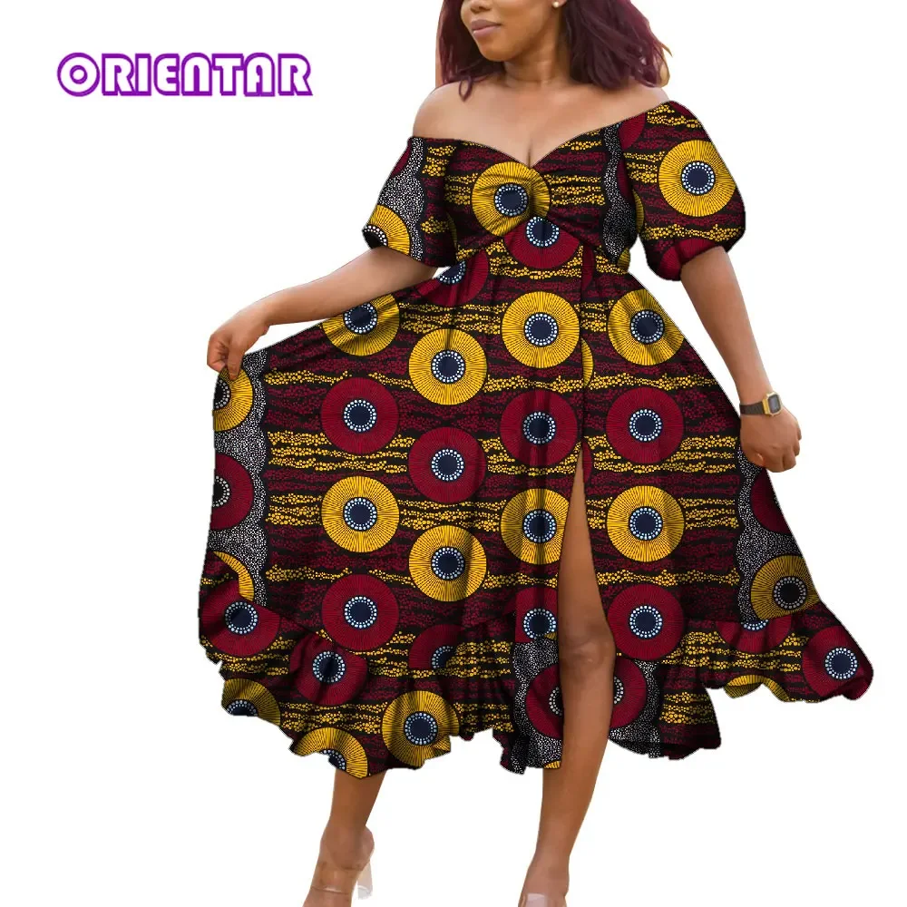 Women Fashion Ankara Dress African Floral Print Off Shoulder Puff Sleeve High Waist Pleated Midi Dress Dashiki Party WY9303