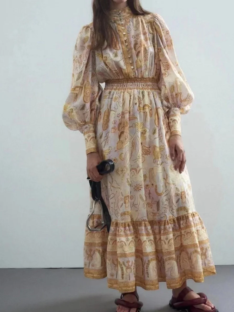 Lady Lantern Sleeve Stand Collar Charming Totem Print Maxi Long Autumn Dress