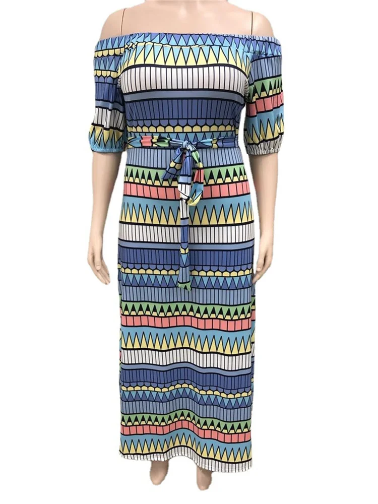 Wmstar Plus Size Women Clothing Summer Dress Wholesale Off Shoulder Elegant Striped Print Full Length Maxi Dresses Dropshipping