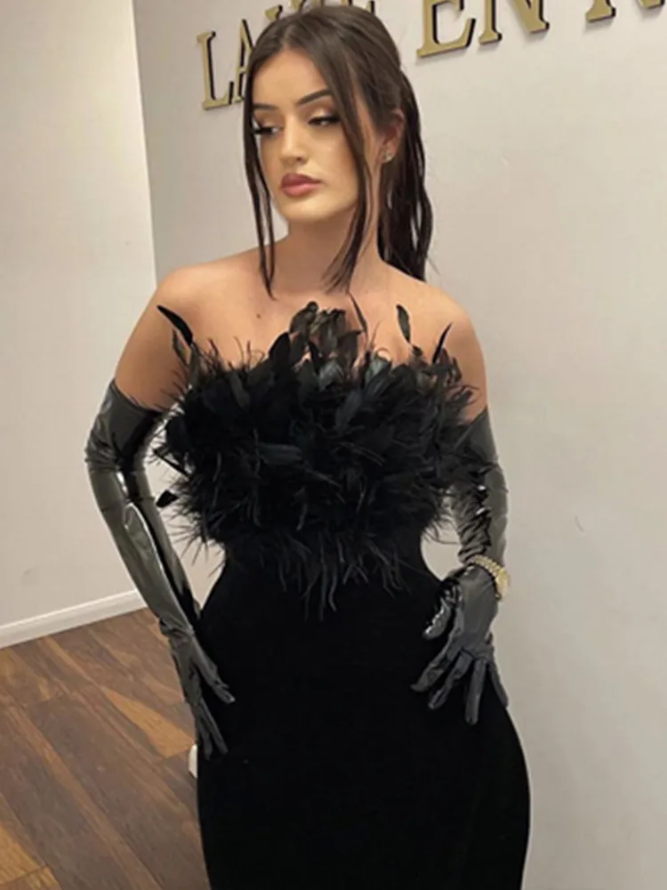 

Ladies Dresses for Special Occasions Black Strapless Feathers Furry Bodycon Mini Celebrity Evening Club Party Wedding Guest Gown