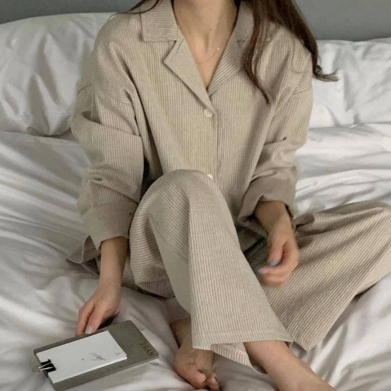 

Loose Leisure Pajama Sets Women Basic New Autumn Vintage Striped Designed Long Sleeve Cozy Simple Sleepwear Elegant Lady Popular