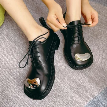 MILI-MIYA Scarpe a testa grande rinforzate vintage giapponesi Punta tonda Studentessa Scarpe stringate in vera pelle primaverili e autunnali 1