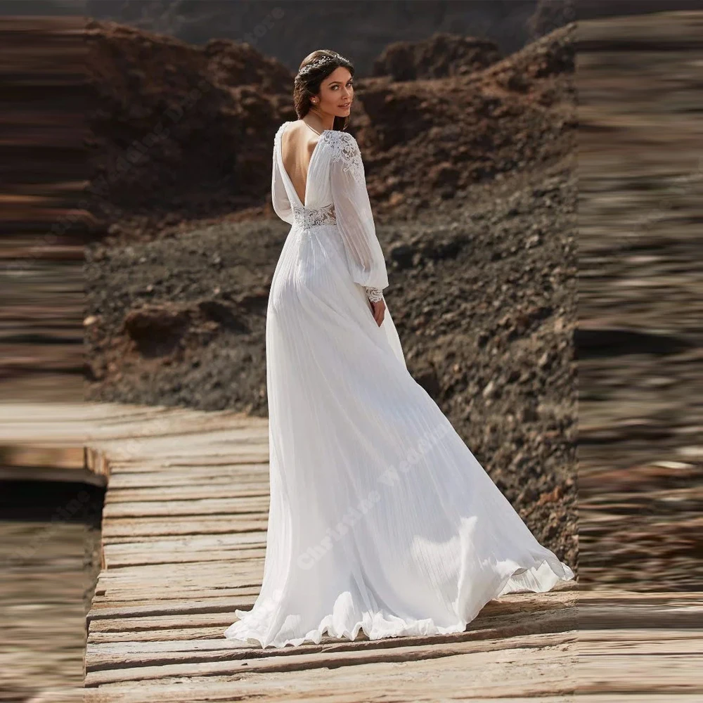 Elegant Women Wedding Dresses Deep-V A-Line Lace Bridal Gowns Backless Mopping Length Lace Printing Vestidos De Novia Customized - 2