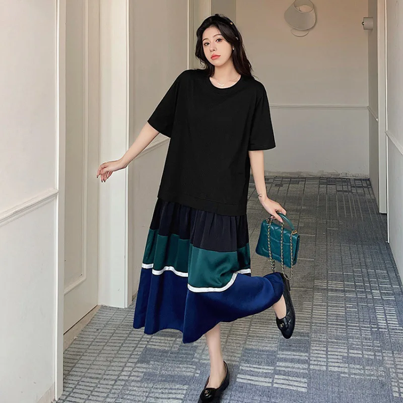 

2024 Summer New Loose and Slim Fake Two Piece Large Color Block Pleated Skirt hem Short sleeved Dress for Women