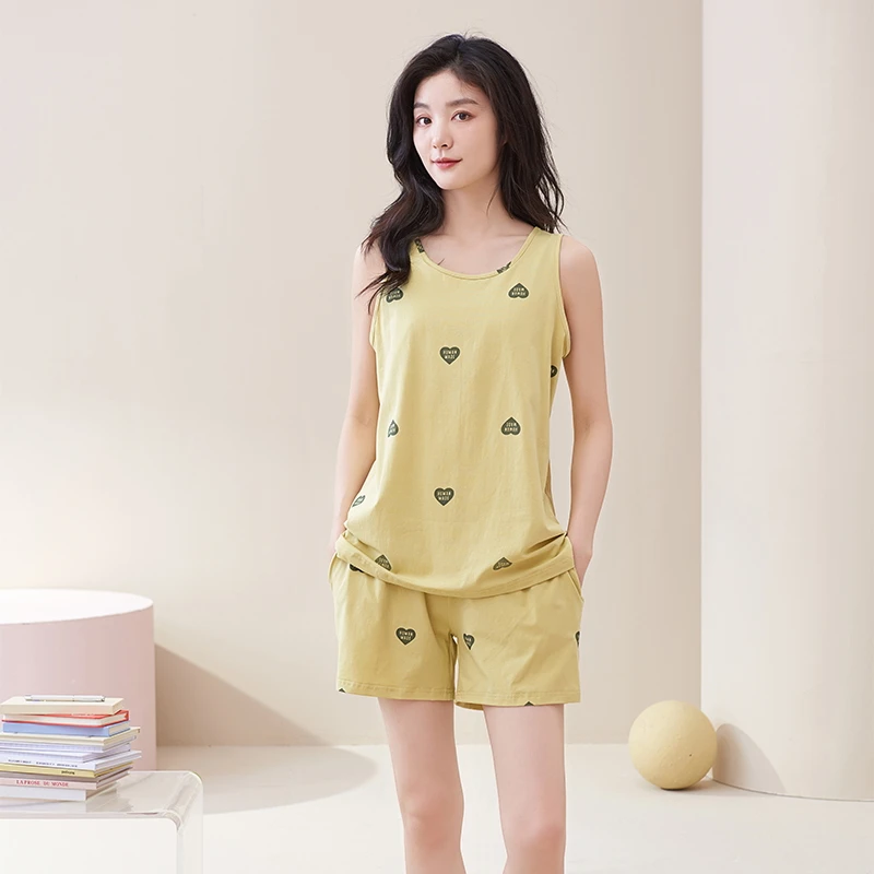 

Summer Pajama Sets Women 100% Cotton Home Wear Sleepwear Female Vest Pyjamas With Chest Pad