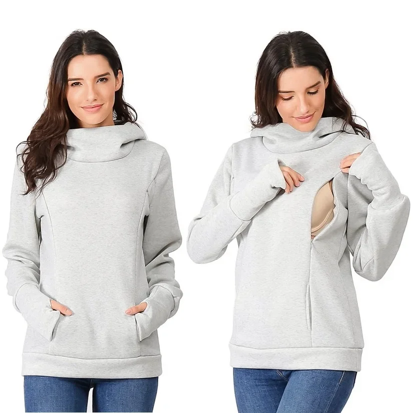 Women's Maternity Nursing Hoodie Long Sleeves zipper Sweatshirt Breastfeeding Tops Casual Clothes with Pocket