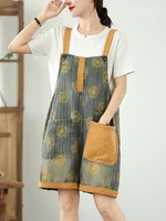 Casual Summer Thin Denim Overalls Women's Loose Large Size Retro Print Color Blo ket Slimming Jeans ort l Waist