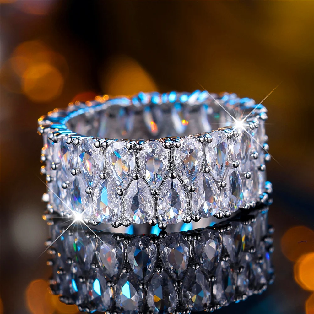 Luxury Female Crystal White Zircon Stone Water Drop Engagement Ring Vintage Silver Color Wedding Jewelry For Women