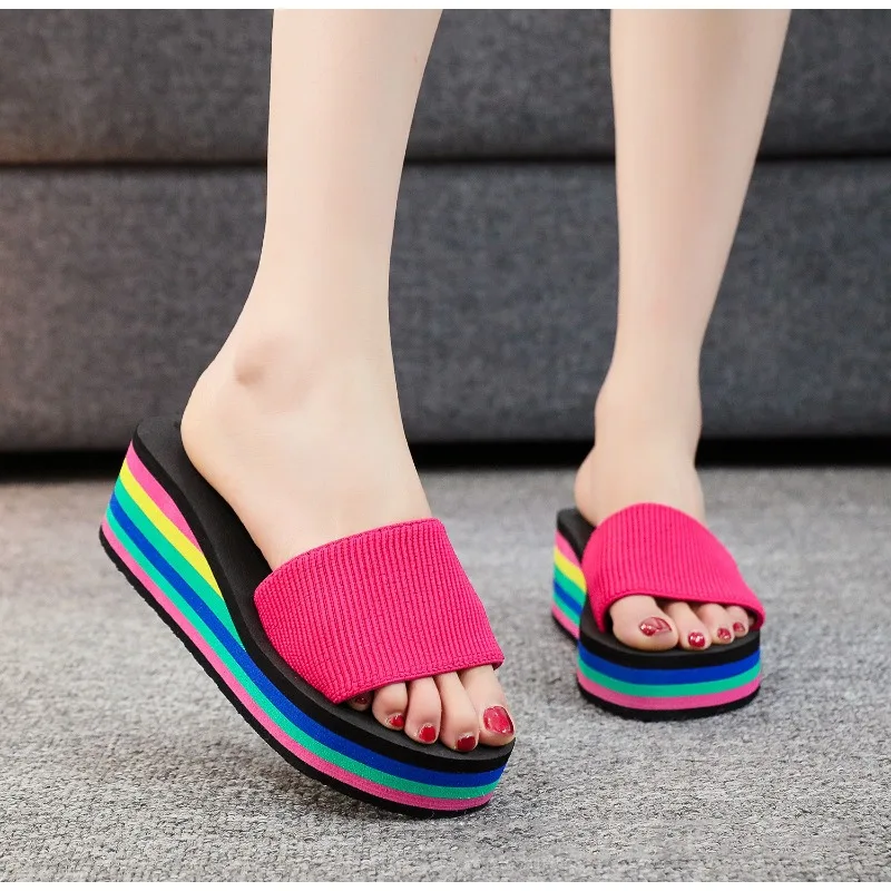 Rainbow Color Beach Flip Flops for Women Ladies Platform Shoes Soft EVA Light Weight Girls Home Slippers Street Wedges Sandals