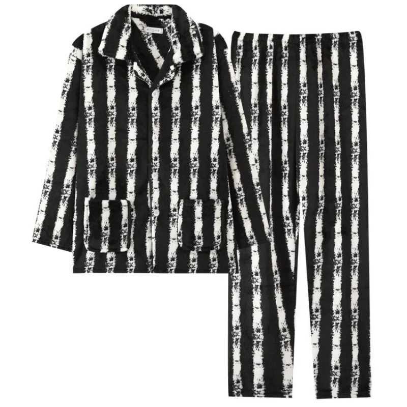 2024 New Pajamas Men Winter Plus Fleece Thick Sleepwear Flannel Warm Coral Velvet Homewear Plus Size V-neck Loungewear Suit