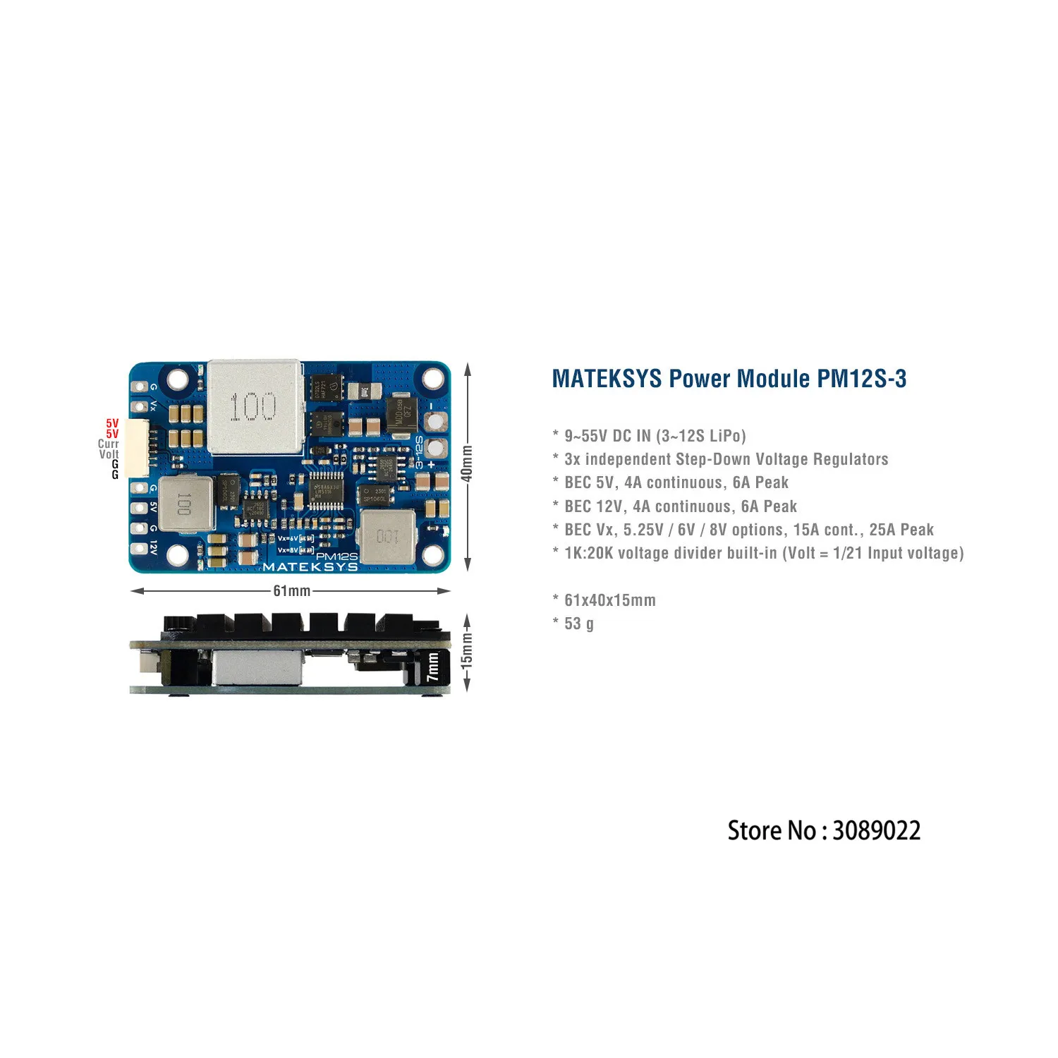 Matek PM12S-3 POWER MODULE 9V to 55V independent Step-Down Voltage Regulators for RC Model Airplane Helicopter FPV Racing Drone