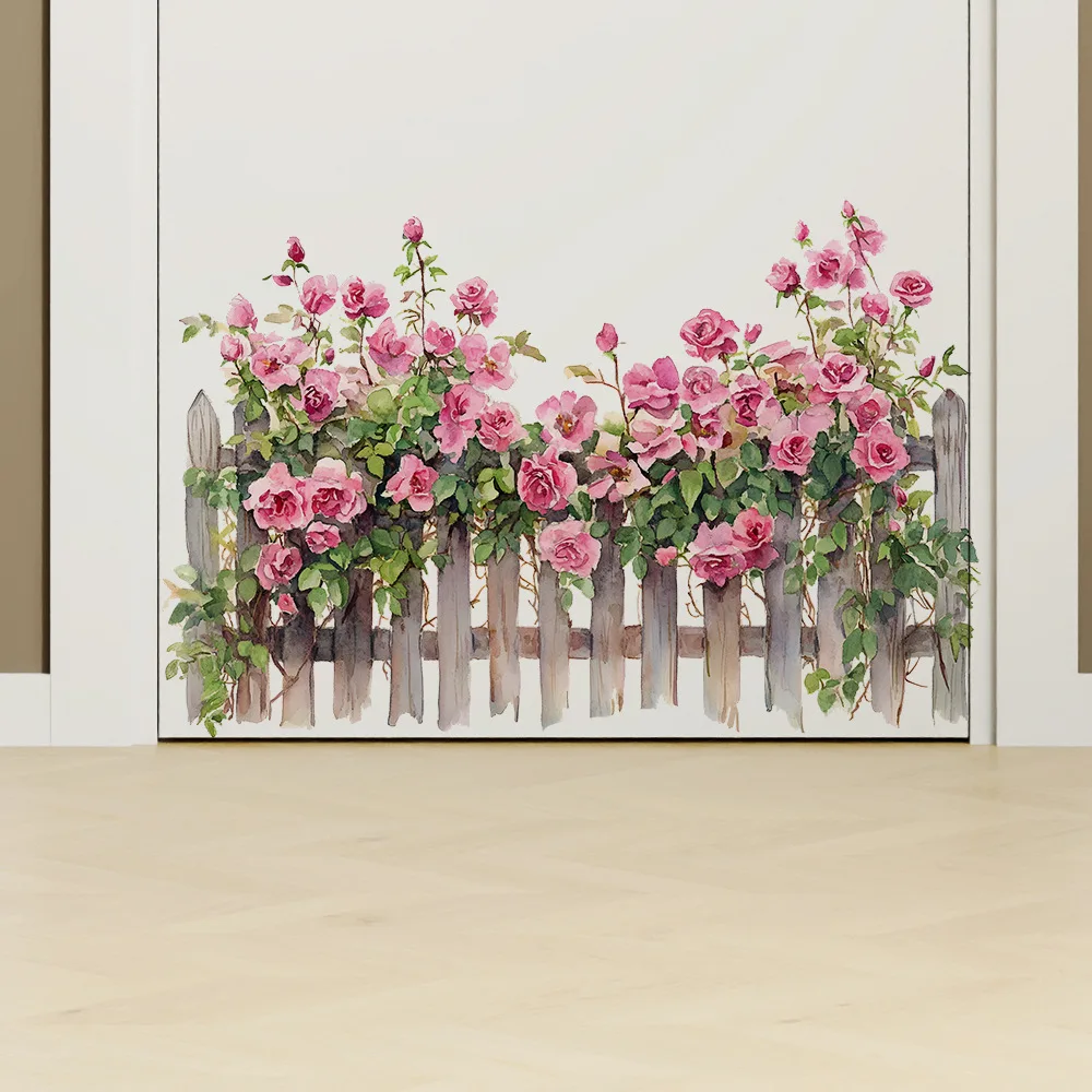 Pink Rose Fence Flowers Wall Art Decor Living Room Self Adhesive Wall Stickers for Bedroom Office Decoration