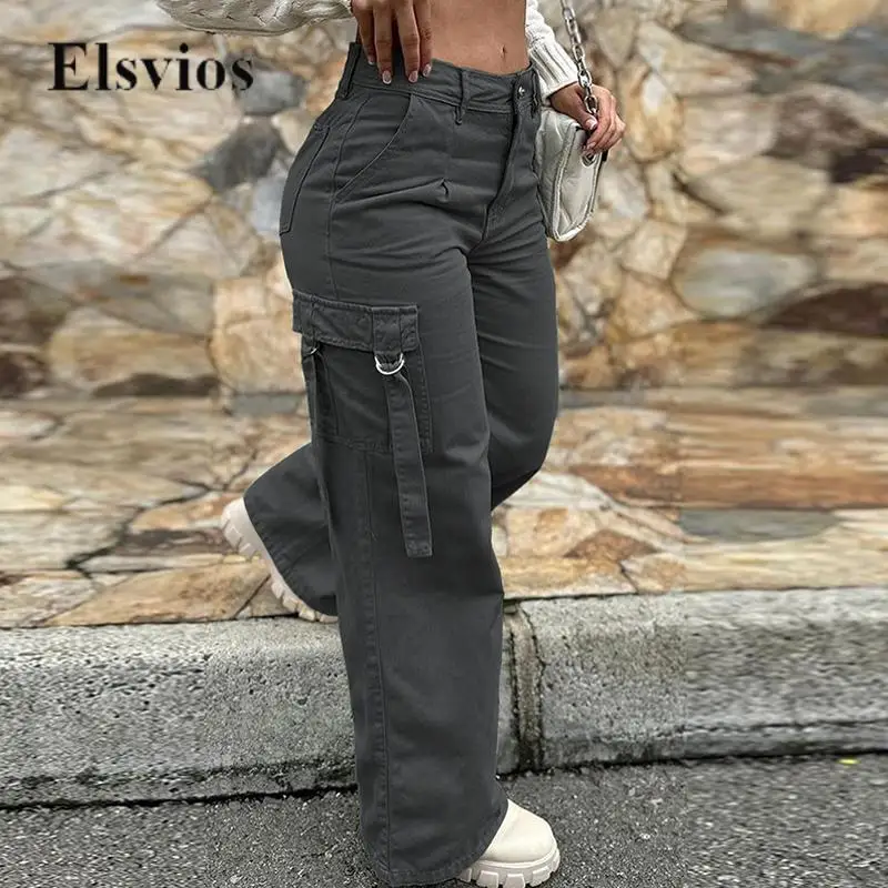 

Casual Solid Color Trousers Spring Autumn Hipster Fashion Female Straight Cargo Pants Vintage Pockets Mid Waist Women Long Pants