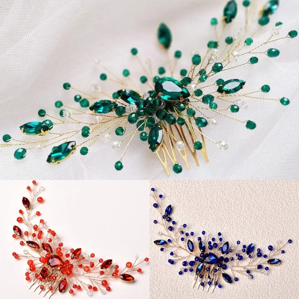 

Wedding Handmade Hair Jewelry Prom Headpiece Bridal Hair Pins Tiara Hair Combs Green Crystal Leaf