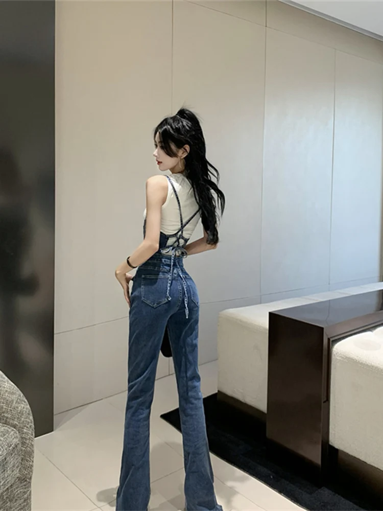 Slim Wide-Leg Flare Jeans Spaghetti Straps Single-breasted Denim Jumpsuit Fashionable High Street Autumn Women\'s Trousers