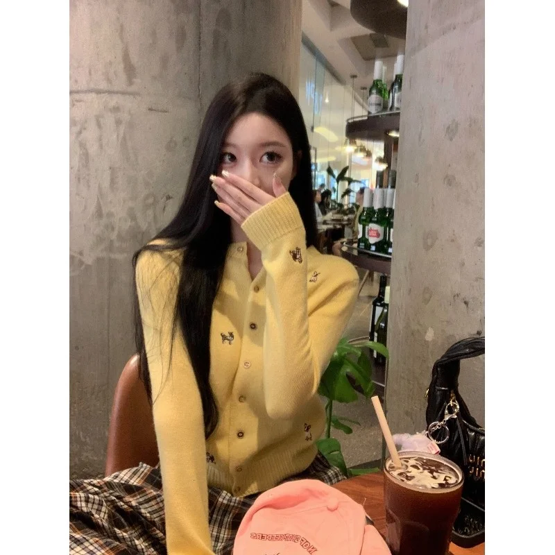 개 수 놓은 노란색 긴 소매 라운드 넥 스웨터 자켓 여성 봄 2024 새로운 스타일 자른 슬리밍 니트 탑
