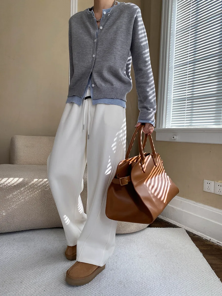 Spring and Autumn Women's Casual Solid Color Round Neck Long Sleeve Cardigan Fake Two Piece Sweater – Detail 18