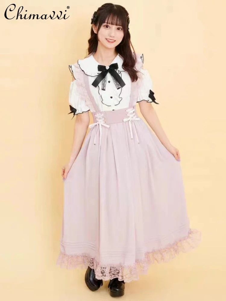 Japanese Sweet Suspender Skirt Female Student 2023 Summer New Lolita Style Ribbon Suspender Skirt Suspender Detachable Women detachable puff sleeve lace shirt women s japanese rojita mine series popular bow sweet blouses female lolita top