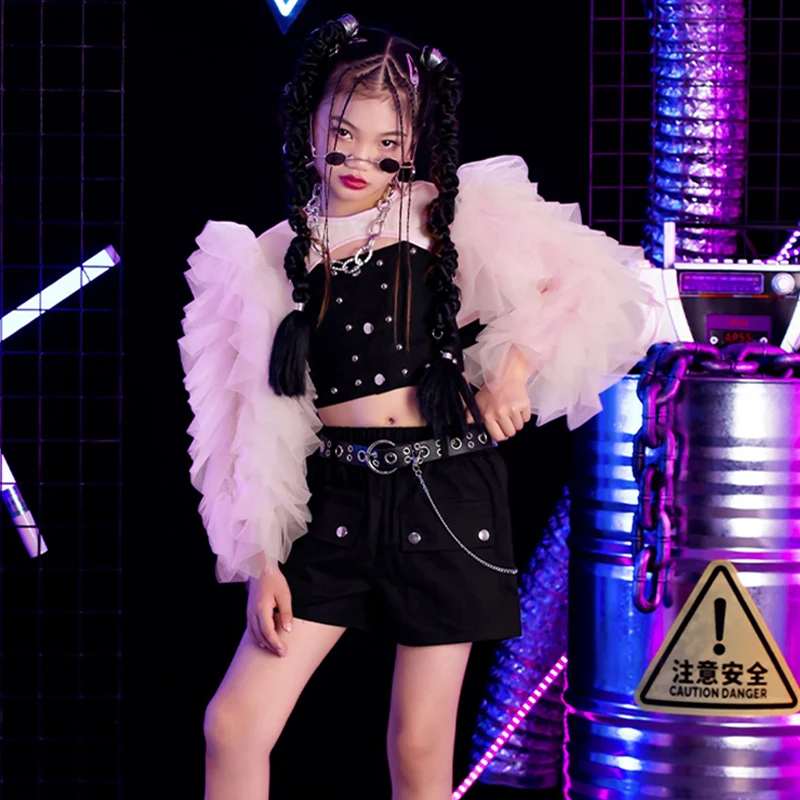 

Kids Catwalk Show Costume Kpop Jazz Dancing Outfit Puff Sleeve Tops Shorts Hip Hop Dancewear Girls Festival Clothing DL10412