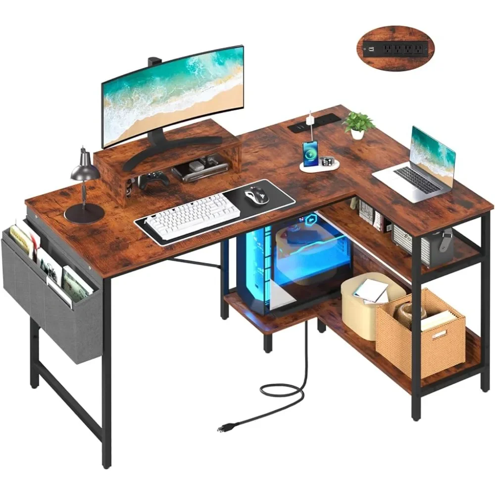 OEING L Shaped Desk 47 Inch Computer Desk with Outlets & USB Ports Home Office with Monitor Stand Corner Home Office waterproof 1080p camcorders recorder tf card motion detection security cam 5g 2 4g automatic tracking home 1pc monitor