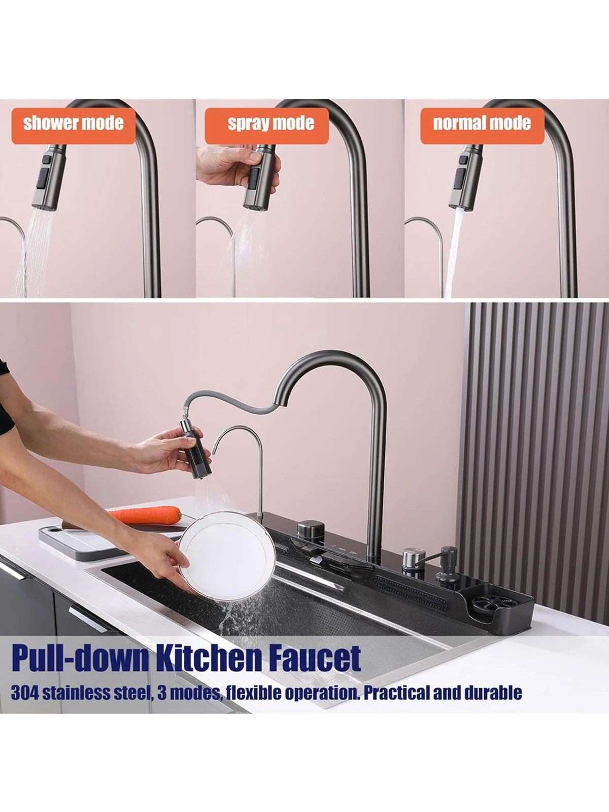 Integrated Waterfall Kitchen Sink Honeycomb Technology Large Digitial Display Stainless Steel Water Filter Cup Washer 5